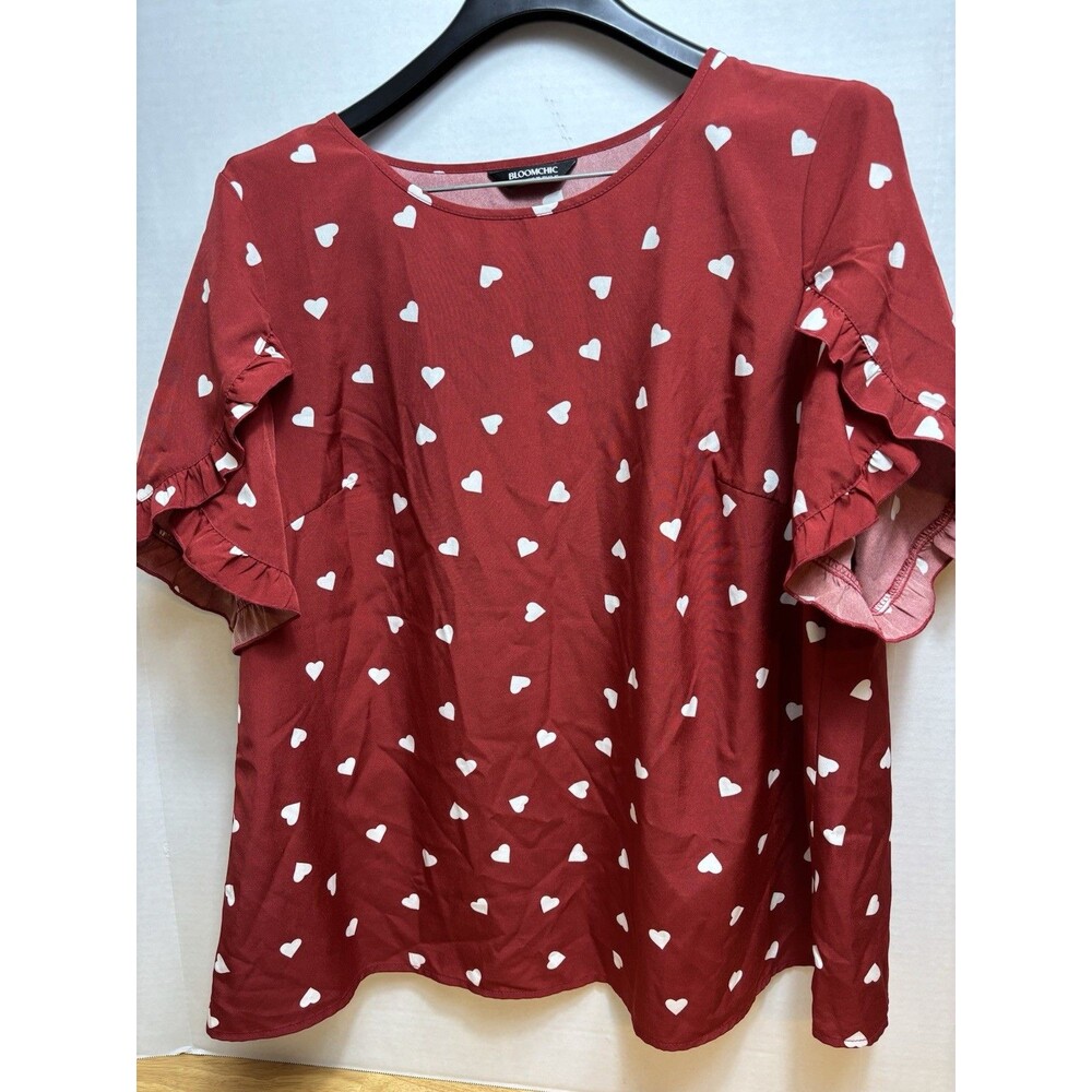 Bloom Chic Woman’s Shirt Size 14-16 Red Hearts Ruffle Sleeve Shirt Sleeve